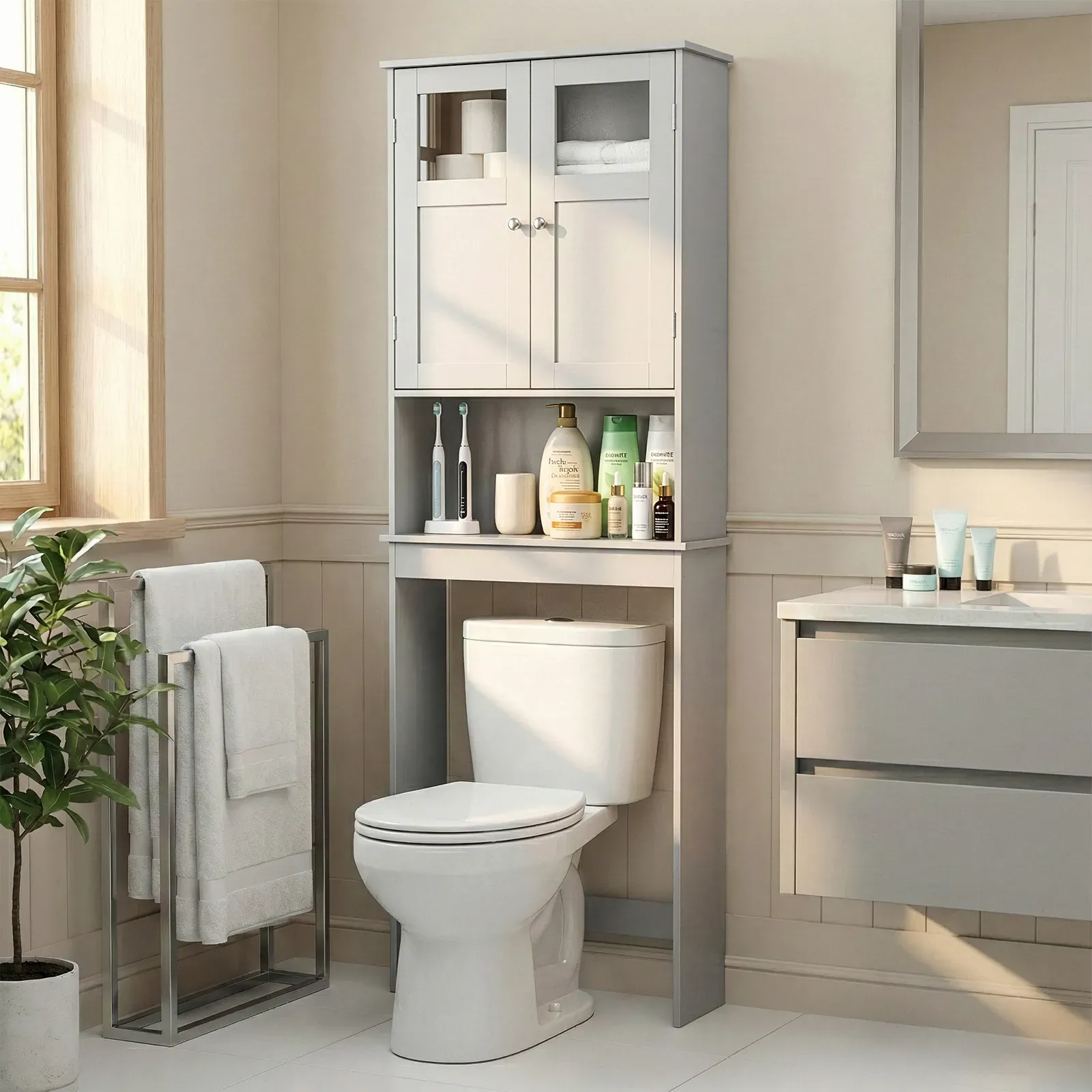 Over-the-Toilet Storage Cabinet with 2 Doors and 3 Shelves, Gray
